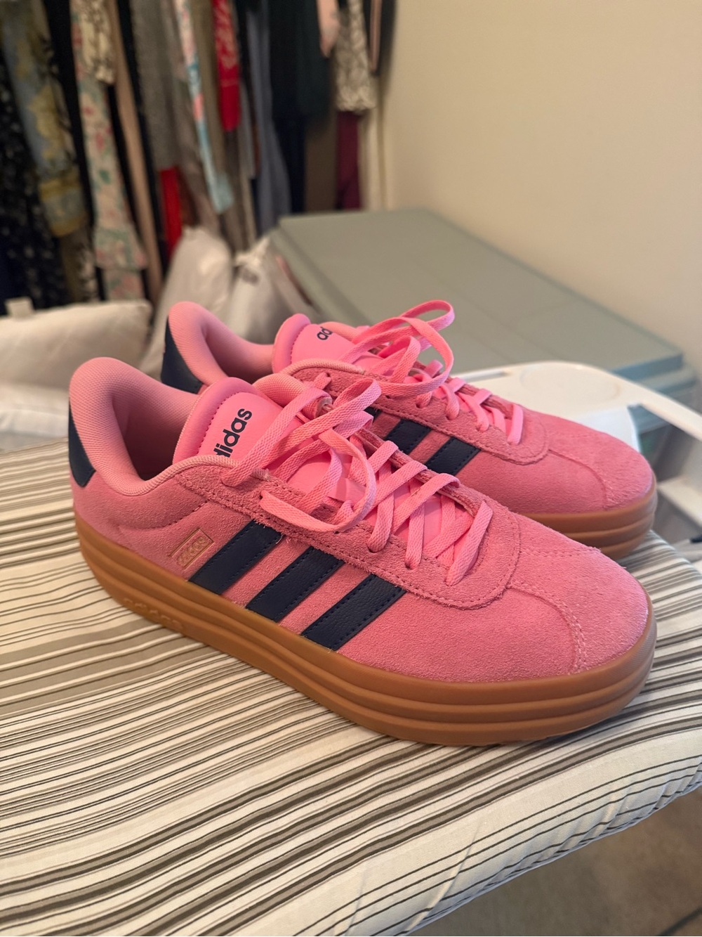 adidas Pink Suede Sneakers with Navy Stripes and Gum Sole